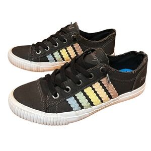 Blowfish Black Canvas Sneakers with Rainbow Stripes Skater Low Tops Size 10